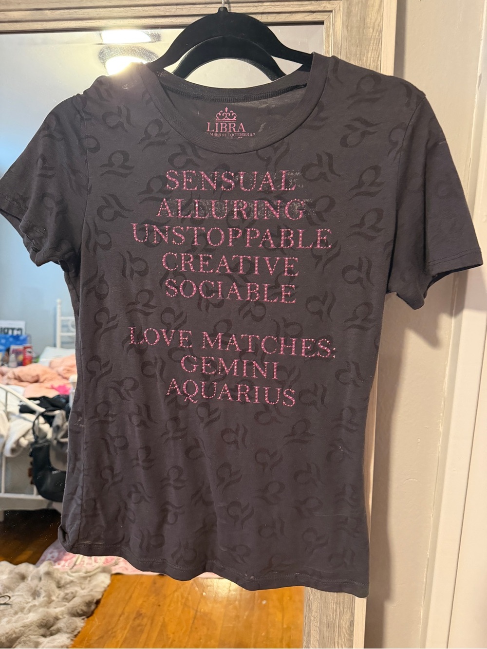 Libra Women's Dark Grey Zodiac Graphic Tee - Pink Rhinestone Text